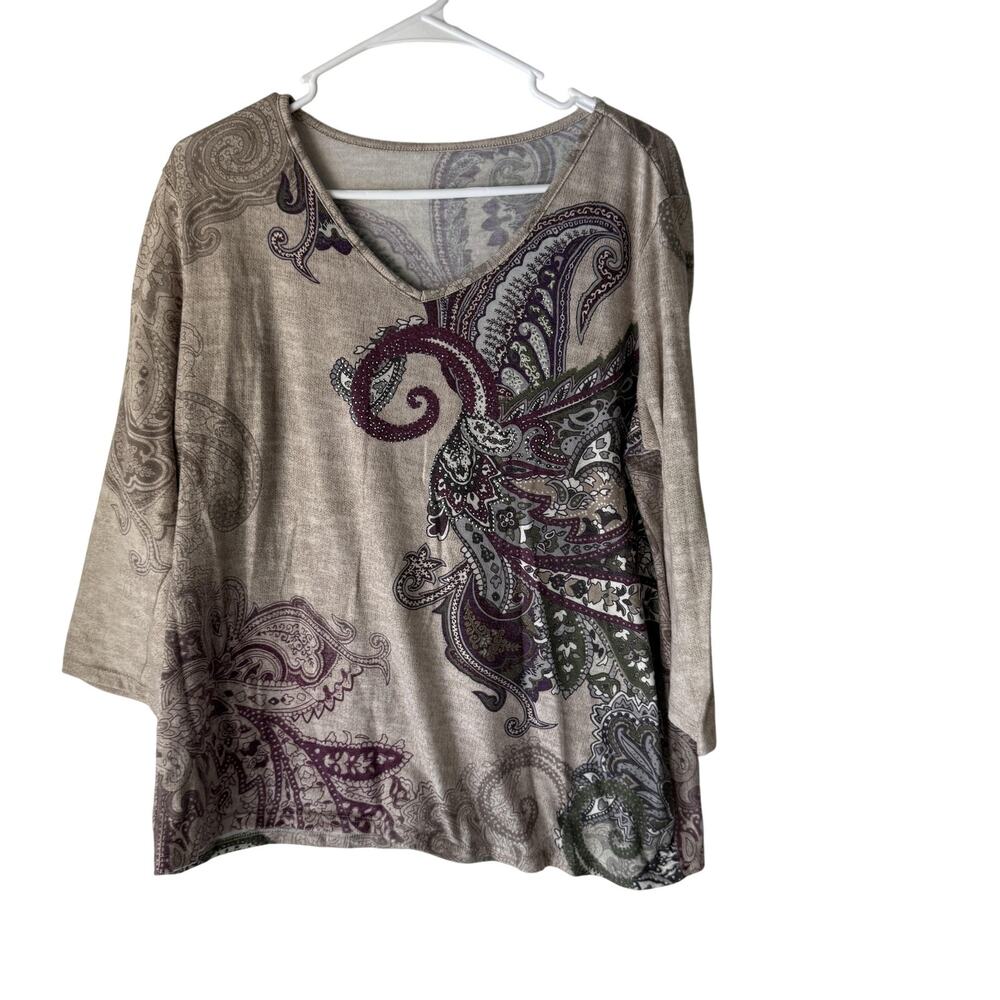 Petite XL Womens Paisley Print Shirt‎ Beige Purple Long Sleeve Witchy Whimsigoth